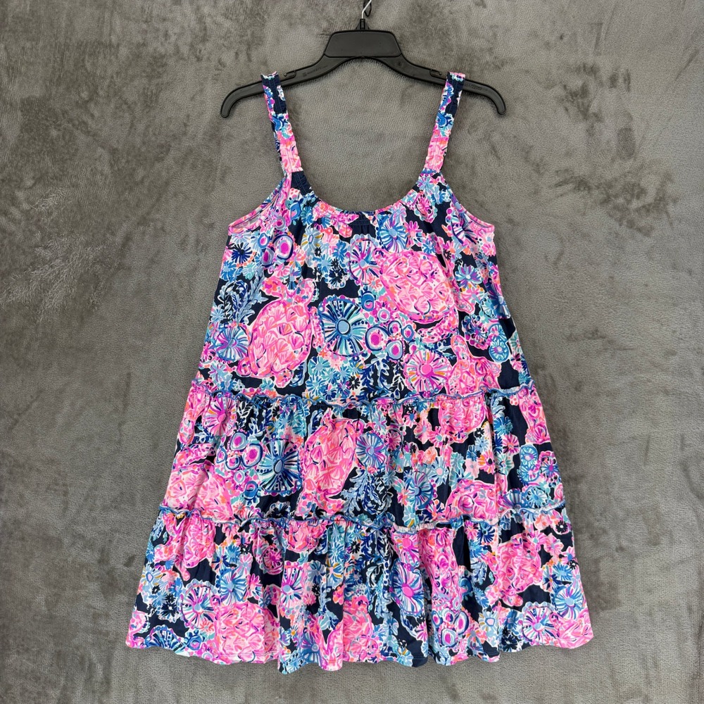 Lilly Pulitzer Womens Pink Blue Turtle Print Tiered Cotton Sun Dress Size M
